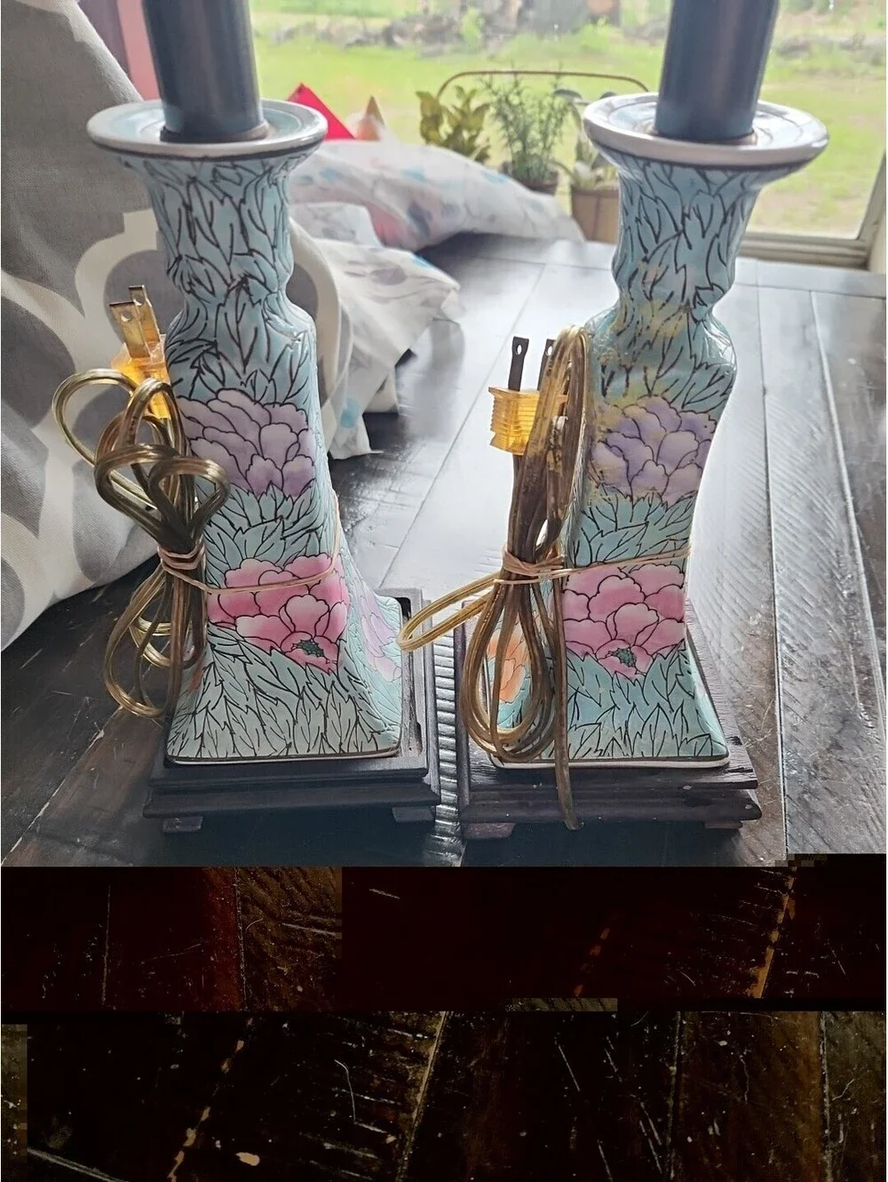 Set Of 2 Vtg Turquoise Chinoiserie Ceramic Macau Table Lamps Floral Rare Set!